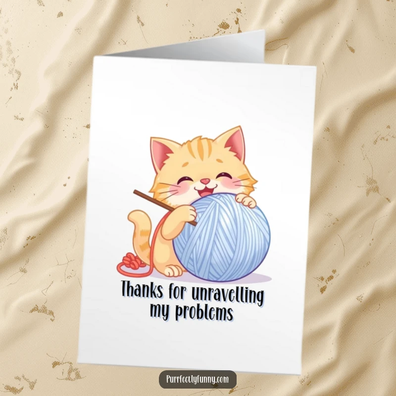 Funny Free Printable Thank You Card: Cat batting a giant smiling ball of yarn with glee, conveying thanks in a humorous way.