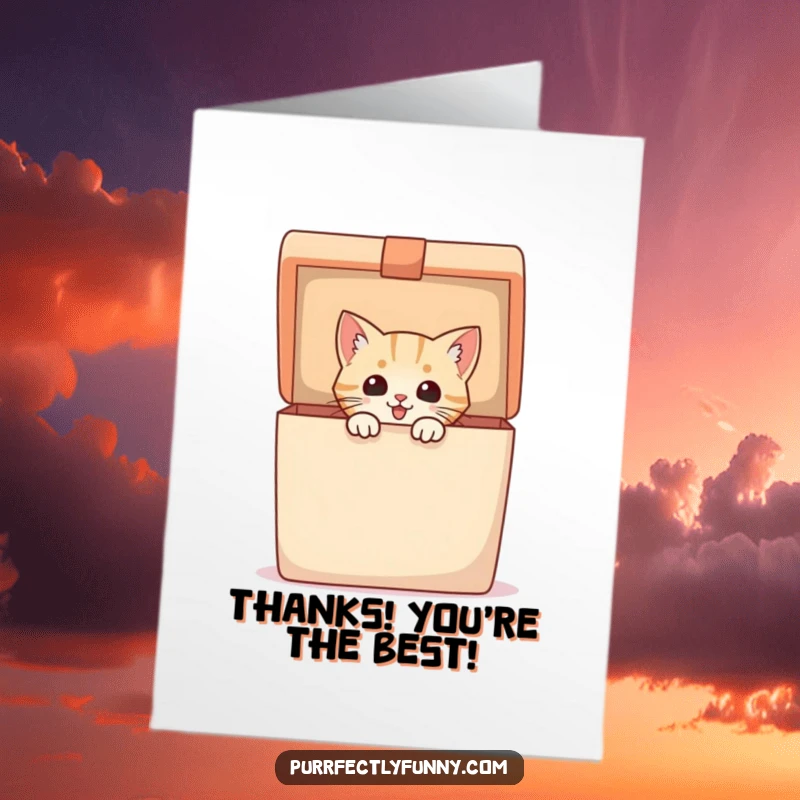 Funny free printable thank you card with a cat eagerly peeking out from a large, open gift box.