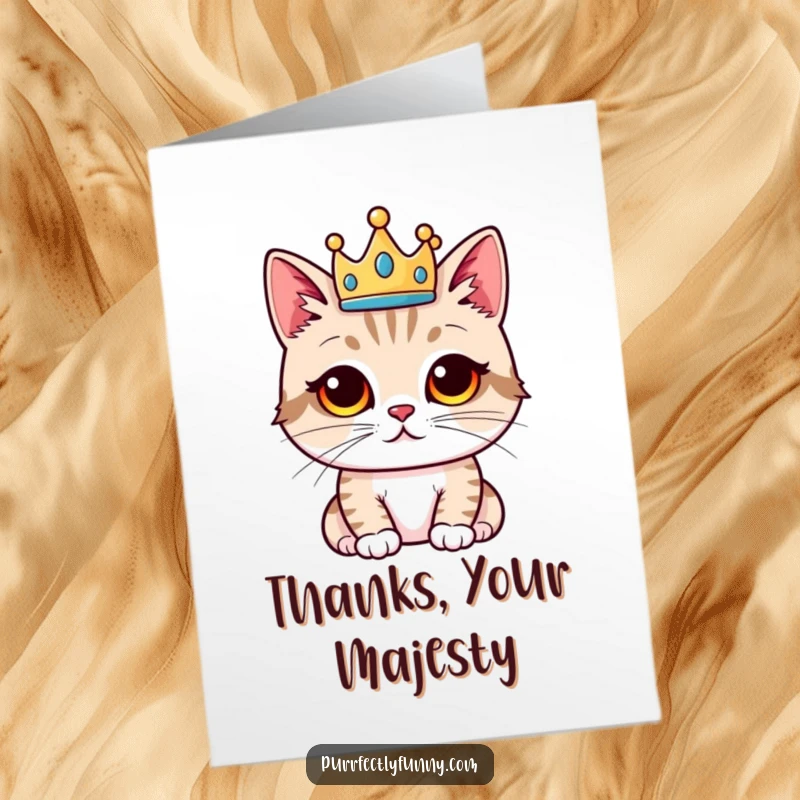 Funny Free Printable Thank You Card: A cat proudly wears a tiny crown, radiating comical self-importance. A downloadable thank you.