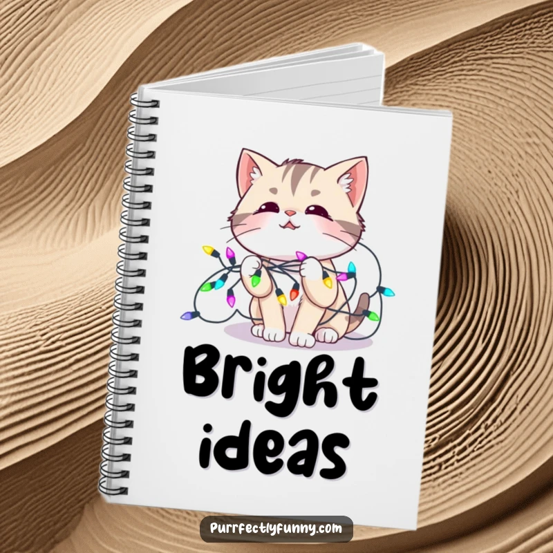 Funny notebook cover with a cat tangled in colorful holiday lights, looking amused, inspiring festive notes and creative ideas.