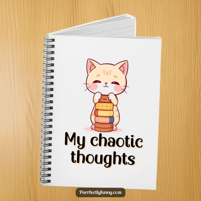 Funny notebook with a cat character struggling to balance a stack of small, playful items.