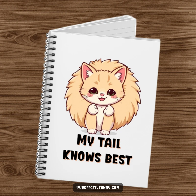 Funny notebook cover shows a cat with a comically large smile peeking out from behind its giant, fluffy tail, ready for notes.