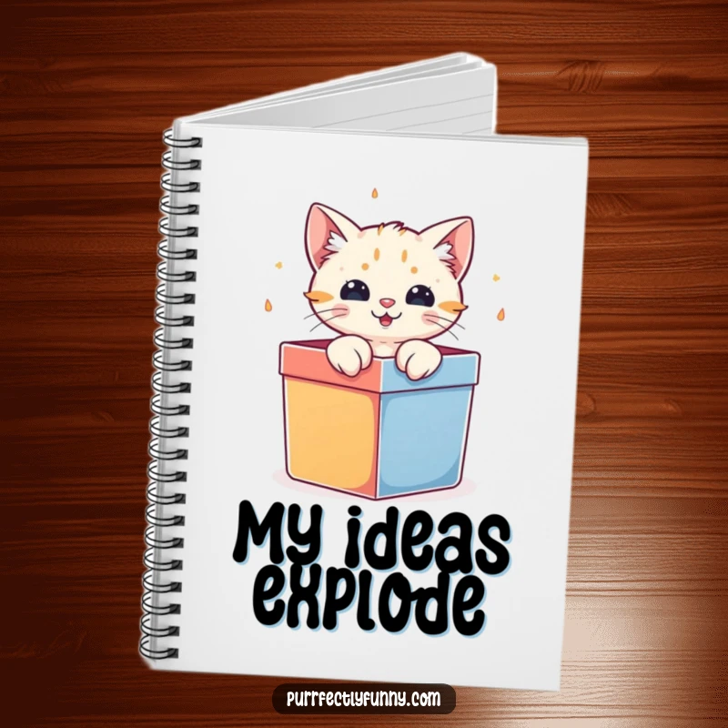 Funny cat character bursting out of a gift box, on the cover of a notebook for jotting ideas.