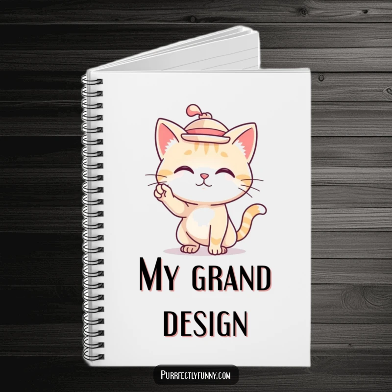 Funny notebook cover featuring a cat wearing a tiny hat and striking a pose.