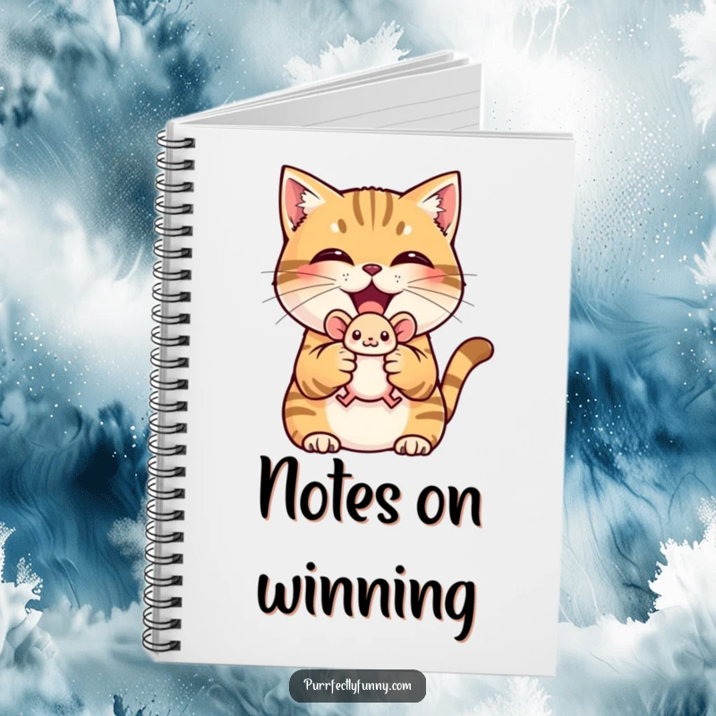 Funny notebook with a triumphant cat holding a toy mouse, great for writing and planning.