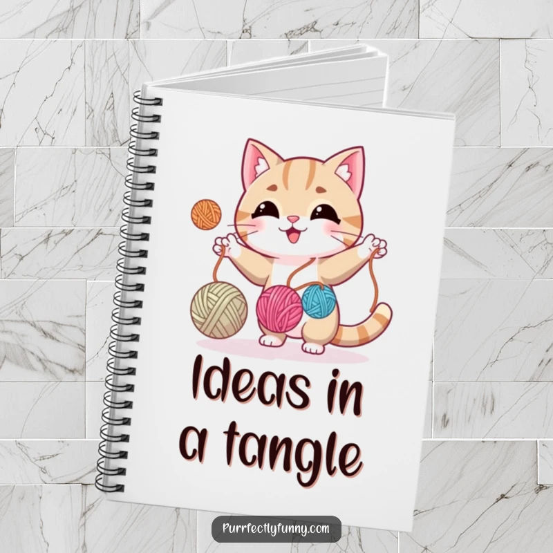 Funny cat juggling yarn balls, inspiring creativity and organization in this notebook for crafters.