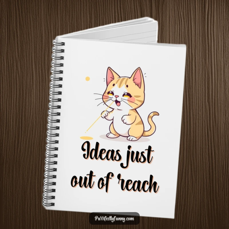 Funny cat notebook, a cartoon cat leaping joyfully towards a red laser dot, symbolizing the chase for ideas and inspiration.