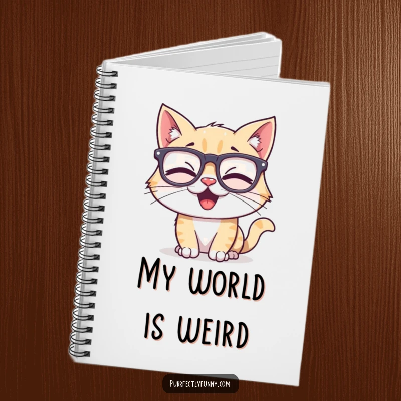 Funny notebook with a whimsical cat character wearing oversized, humorous glasses and a wide giggle, perfect for note-taking and journaling.