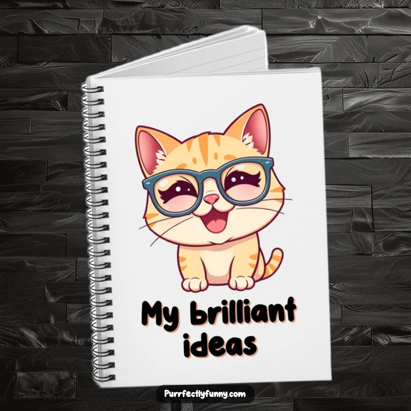 Funny cat with quirky glasses, eyes squeezed shut in a giggle, featured on a notebook for jotting down humorous notes.