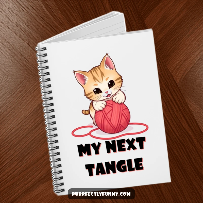 Funny notebook cover with a cat energetically pouncing on a rolling red yarn ball, inspiring playful and creative entries.