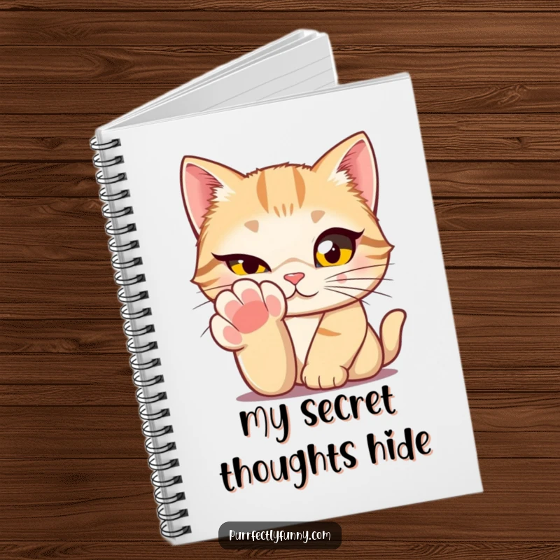 Funny cat with big eyes winking from behind its paw on a notebook cover, inspiring playful thoughts and secret notes.
