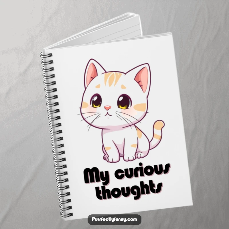 Funny curious cat notebook, featuring a cat tilting its head with twitching whiskers, perfect for documenting curious thoughts.