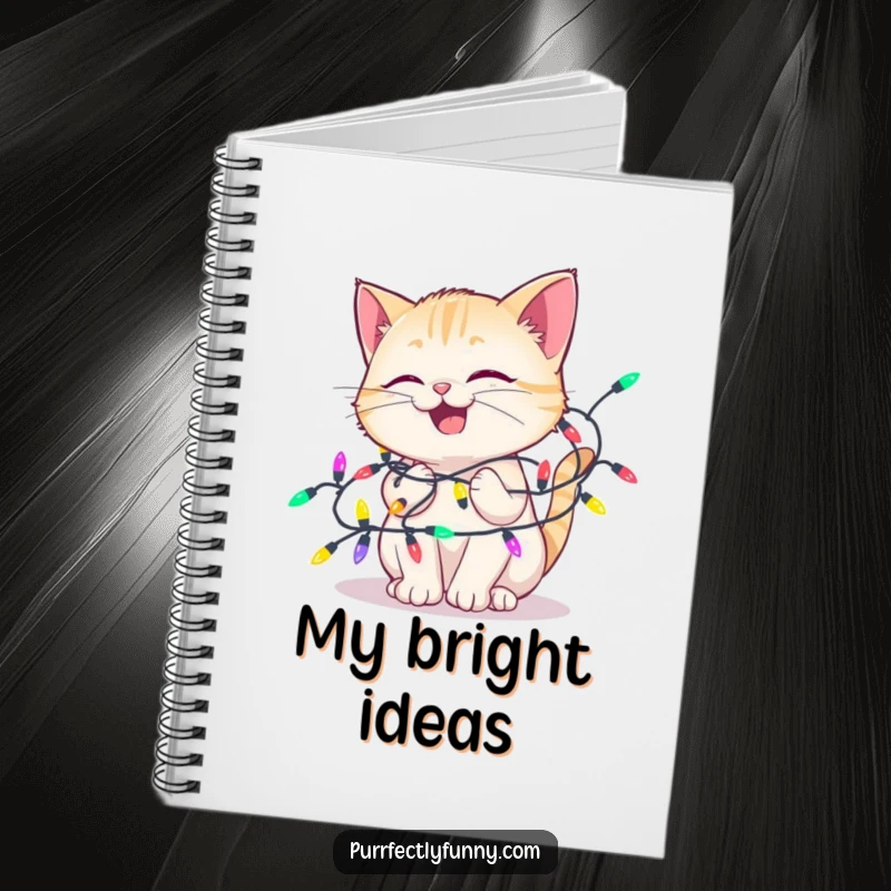 Funny notebook with a delighted cat tangled in colorful holiday lights, perfect for jotting down notes with festive humor.