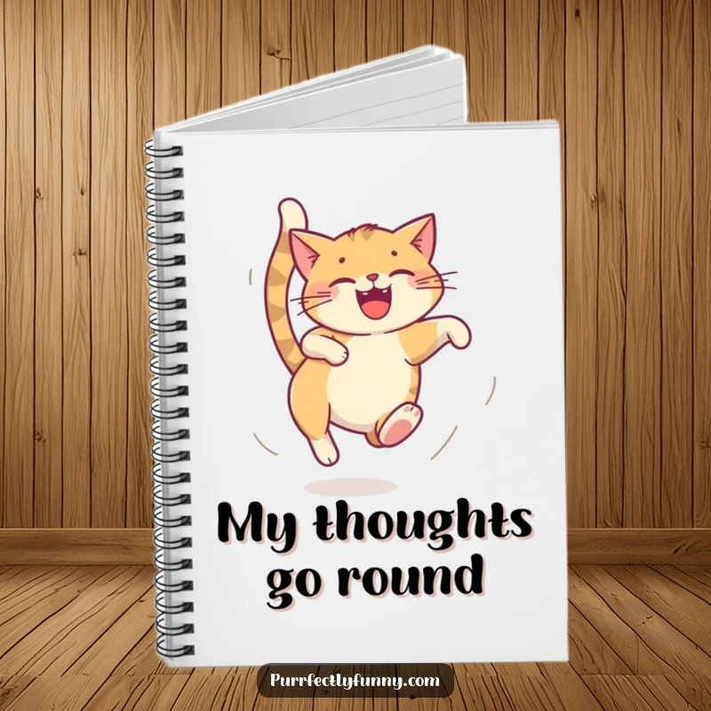 Funny cat notebook, cat chasing its tail in a dizzy loop, humorous stationery for note-taking, ideal funny gift.