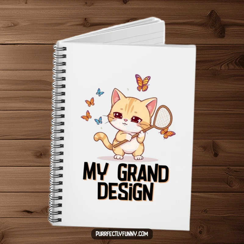 Funny notebook cover with a goofy cat holding a net, hilariously attempting to catch butterflies, inspiring creative and amusing entries.