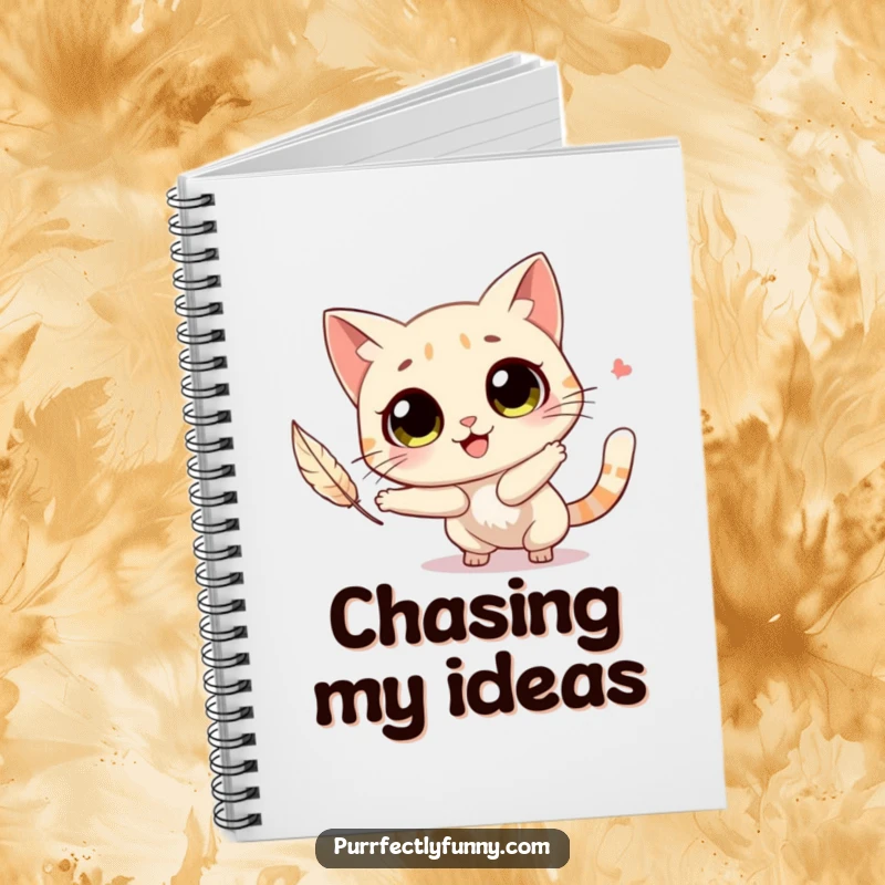 Funny cat with big, round eyes joyfully chasing a feather, featured on the cover of a lined notebook.