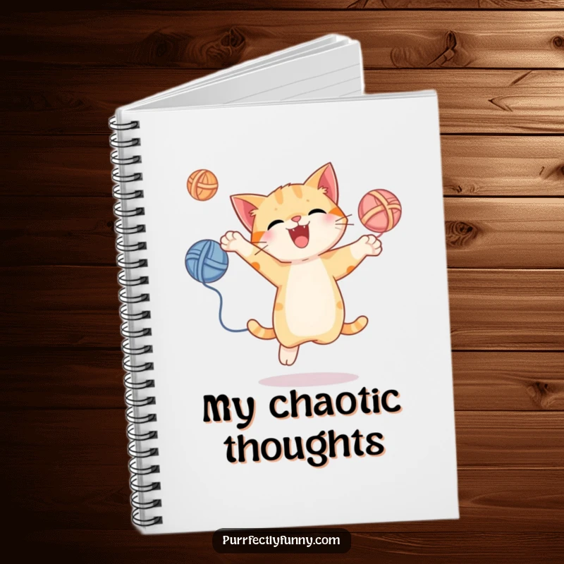 Funny notebook featuring a cat energetically juggling yarn balls, ideal for notes, journaling, and creative brainstorming with humor.