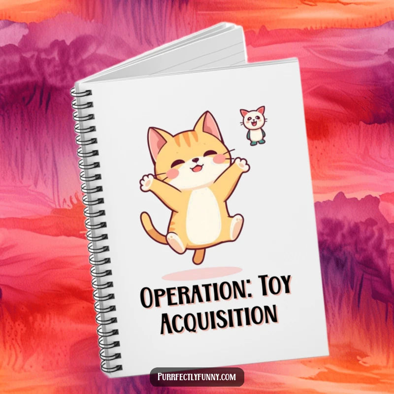Funny notebook cover shows a simplified cat leaping with paws out, chasing a floating toy, perfect for capturing funny notes.