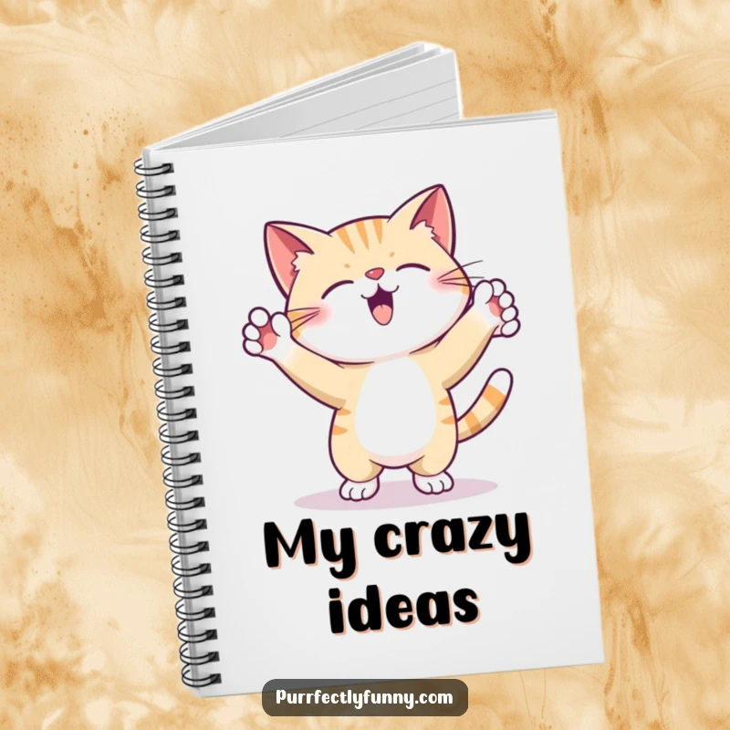 Funny Notebook with a cat performing a silly dance, paws in the air, perfect for taking notes with a lively, humorous touch.