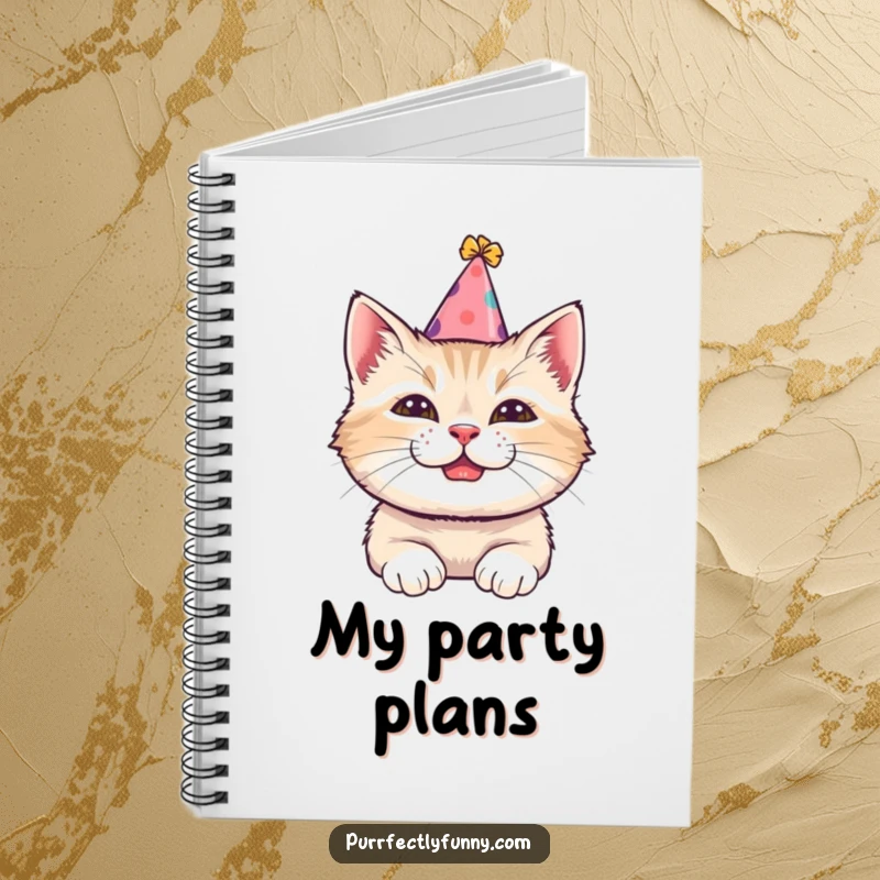 Funny notebook featuring a cat in a tilted party hat with a comical grin, ideal for notes, journaling, and party planning.