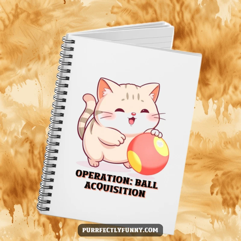 Funny notebook cover illustrating a plump cat's funny attempt to catch a bouncy ball, perfect for sketching and writing.