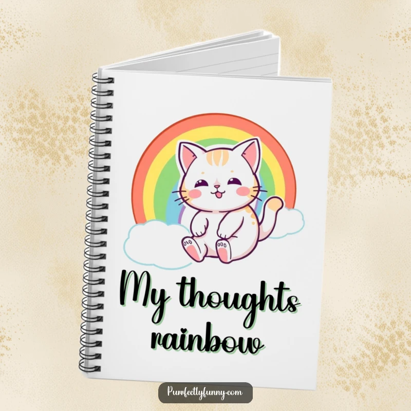 Funny cat with a happy expression, sliding down a rainbow, inspiring magical note-taking with this notebook.
