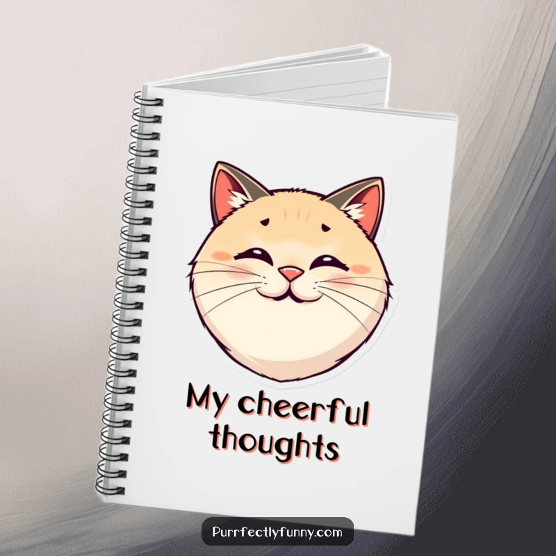 Funny spiral notebook with a round, smiling cat face and comically exaggerated, bouncy whiskers.