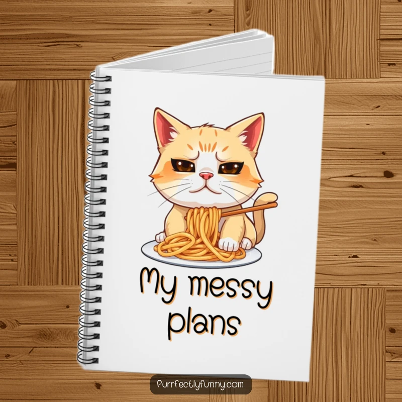Funny cat notebook showing a goofy cat eating spaghetti, ideal for foodies and note-taking.