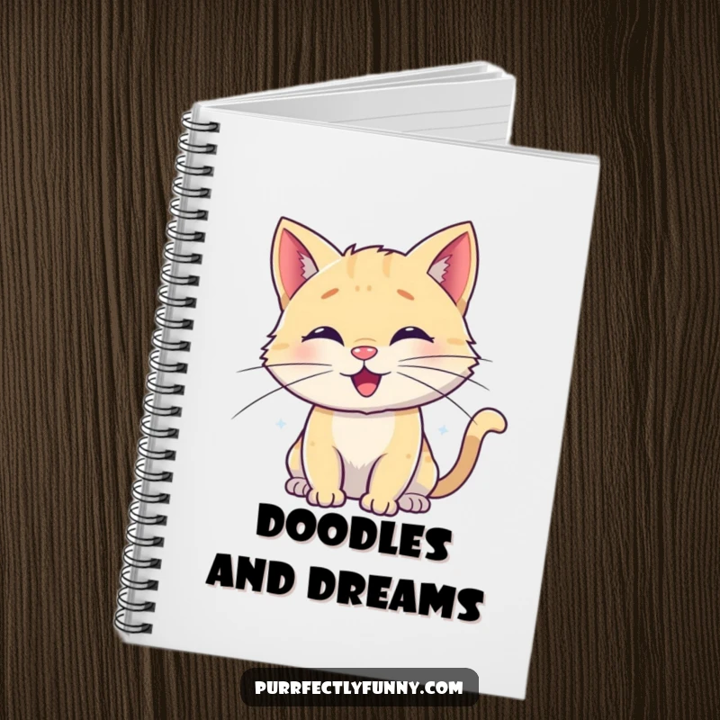 Funny notebook cover with a charming cat design, its whiskers uniquely depicted as happy, flowing spirals, inspiring creative writing.