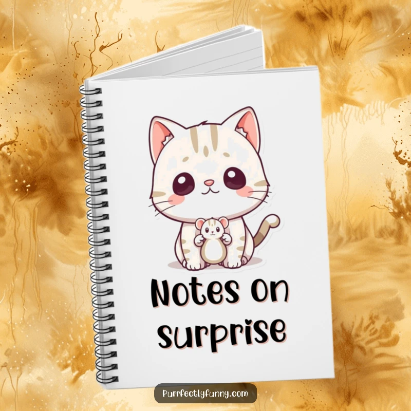 Funny surprised cat notebook, featuring a cat's comical shock over a toy mouse, ideal for note-taking and journaling.