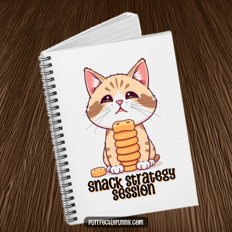 Funny notebook cover shows a cat attempting to balance a stack of treats on its nose, ready for tasty notes.