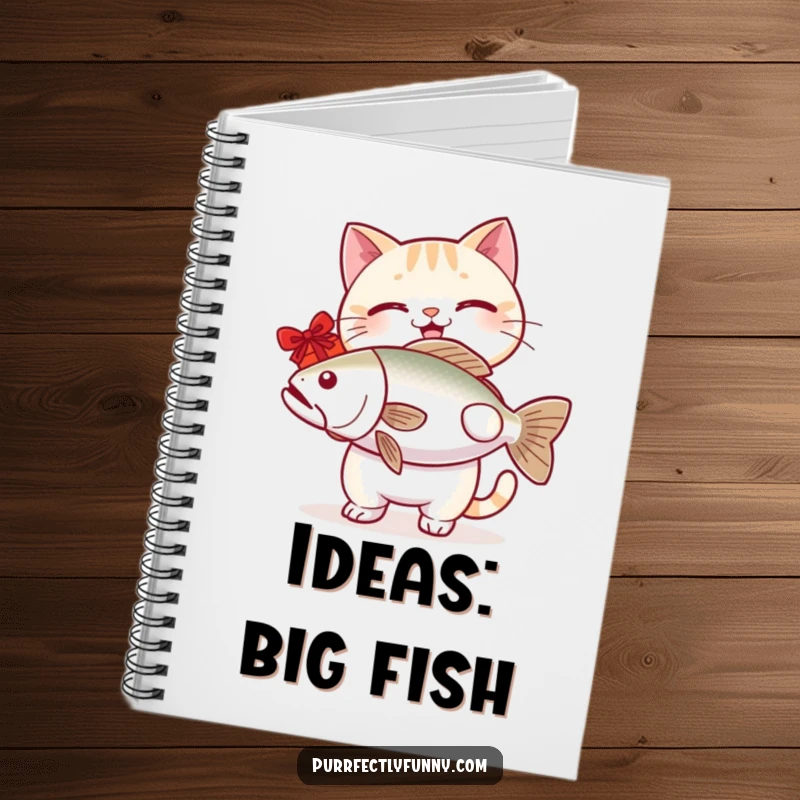 Funny cat notebook with a cover showing a cheerful cat offering a massive fish, inspiring creativity and laughter.