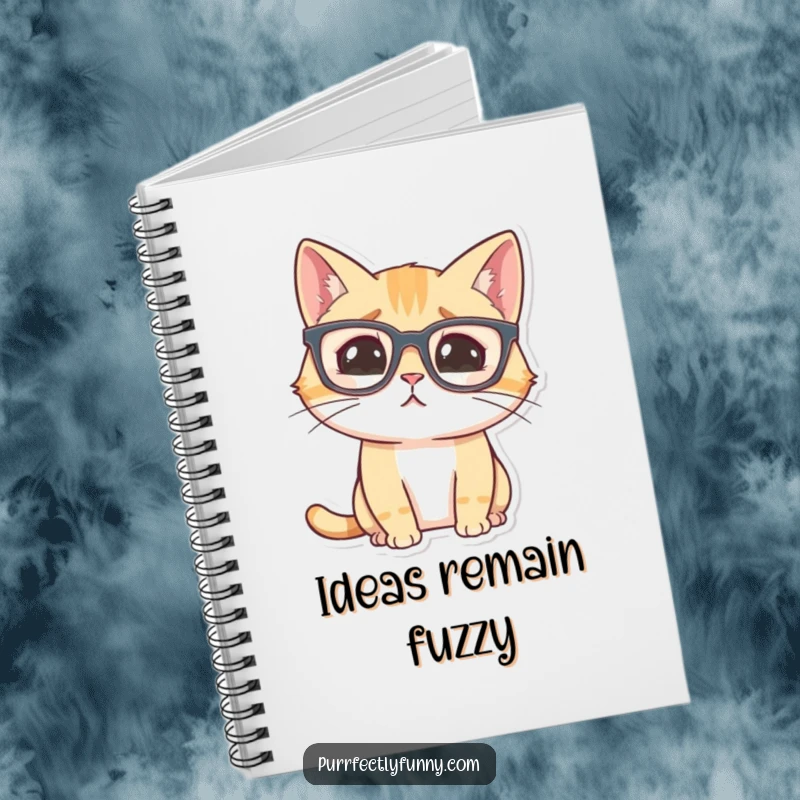 Funny cat with large glasses, looking comically confused, on a notebook cover.