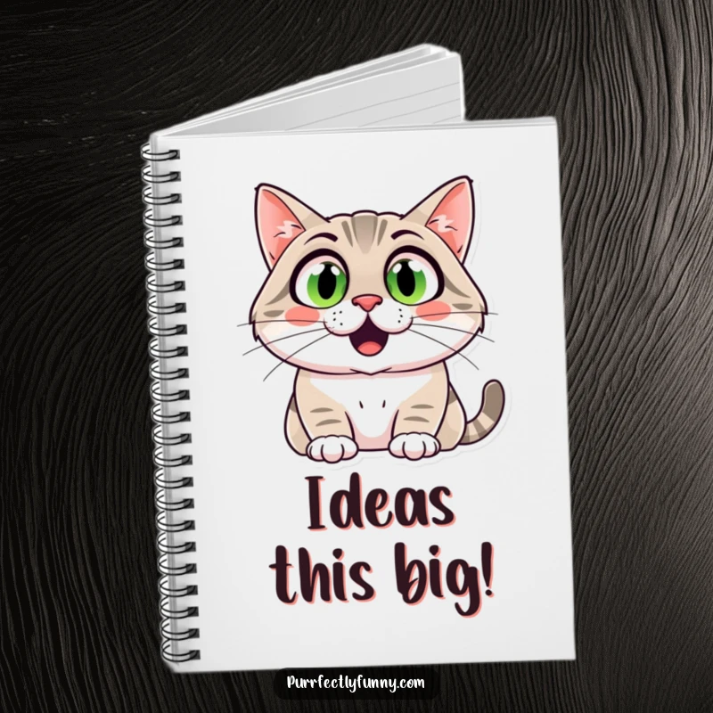 Funny cat notebook with a comically surprised expression, wide eyes, and a large smile, ideal for writers.