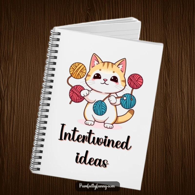 Funny notebook cover with a cat juggling yarn balls, ideal for jotting down notes with a playful and talented flair.