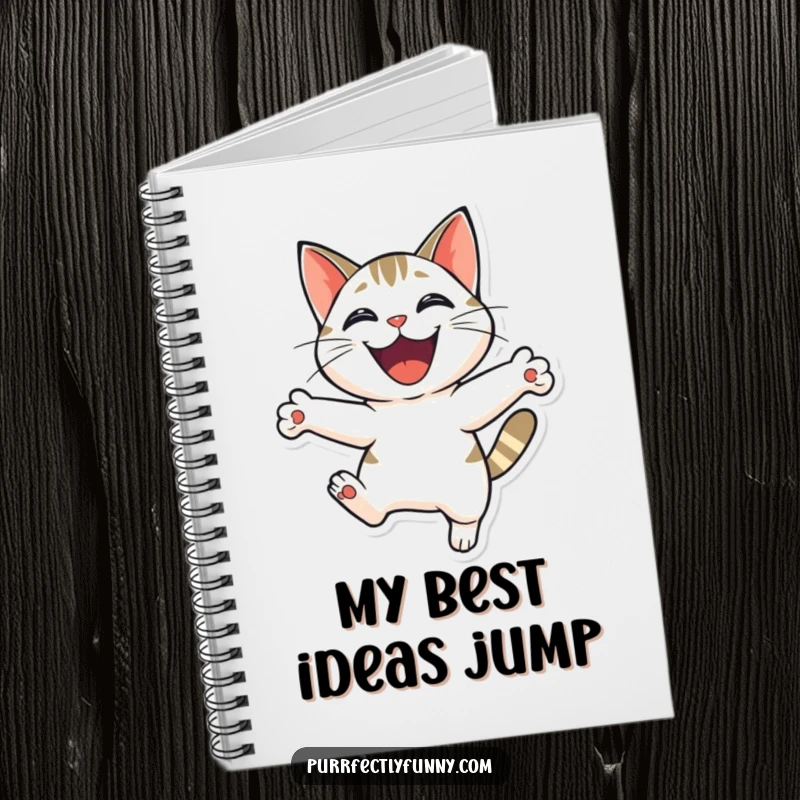 Funny cat leaping with an ecstatic grin, inspiring creative journaling and note-taking with this notebook.