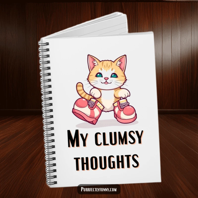 Funny notebook cover featuring a cat adorably tripping in oversized clown shoes, inspiring creative writing.