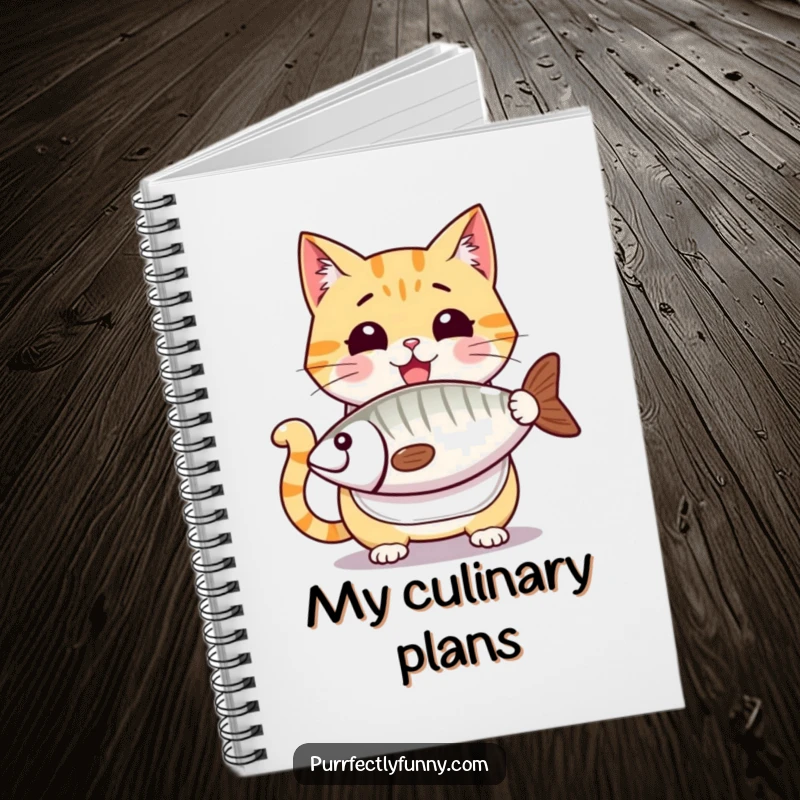 Funny cat notebook, a cartoon cat with a bib, eyes wide with desire, looking at an enormous fish treat, symbolizing big dreams.