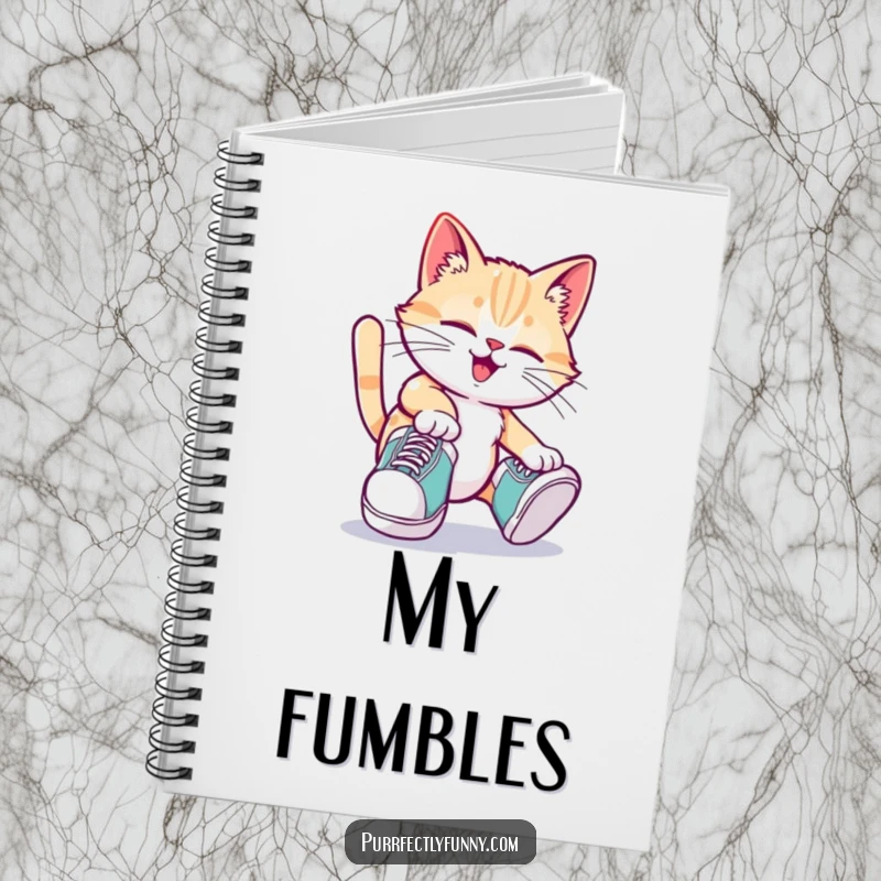 Funny cat notebook showing a cat wearing oversized shoes and tripping, ideal for journaling and notes.