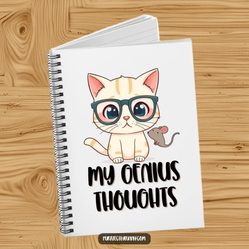 Funny Notebook with a cat in oversized glasses looking surprised at a toy mouse, ideal for notes with a humorous twist.