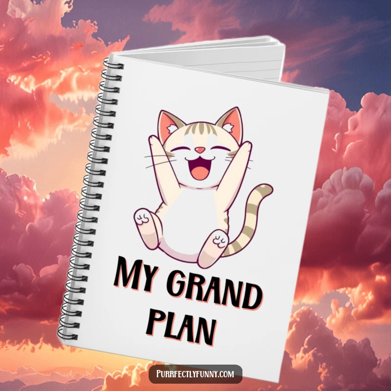 Funny delighted cat notebook, featuring a cat doing a comical somersault with an expression of pure bliss, for notes and doodles.