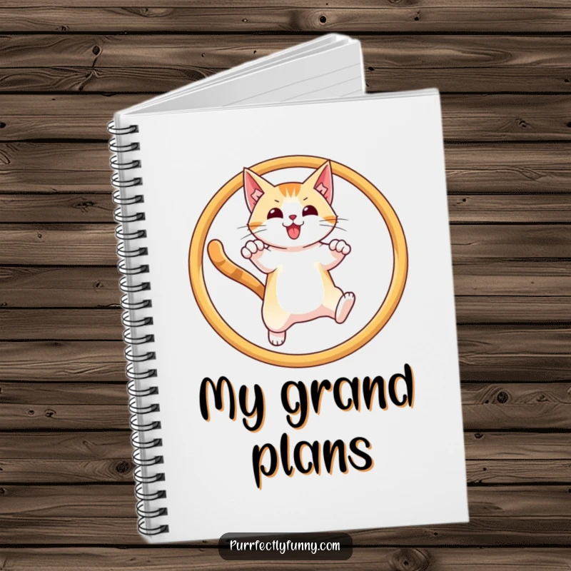 Funny notebook cover featuring a cat triumphantly jumping through a hoop, inspiring note-taking.