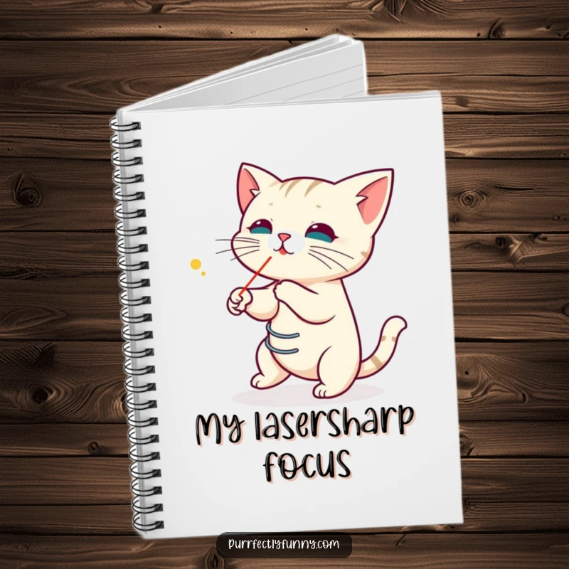 Funny notebook with a cat coiled like a spring, intently chasing a laser pointer dot, perfect for jotting down notes with humor.
