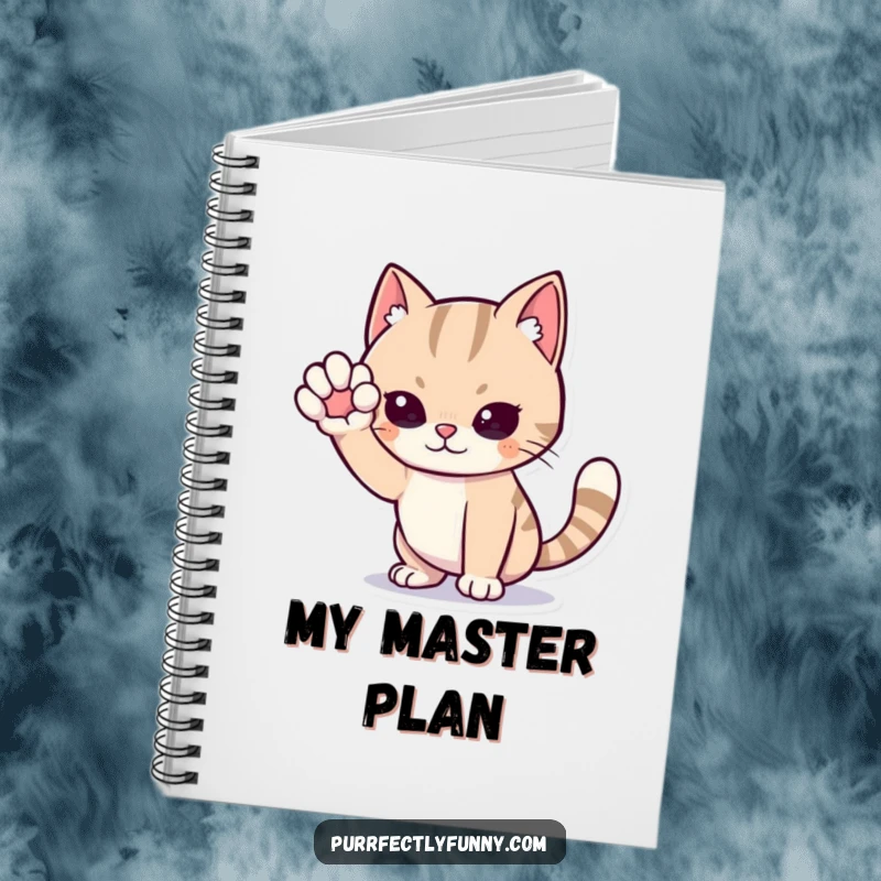 Funny cat notebook, a cartoon cat in a dramatic sneaking pose with one paw raised, symbolizing secret thoughts and stealthy planning.