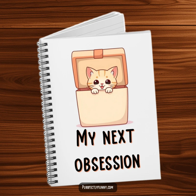 Funny Notebook with an excited cat peeking from a large gift box, perfect for capturing notes with a touch of feline fun.