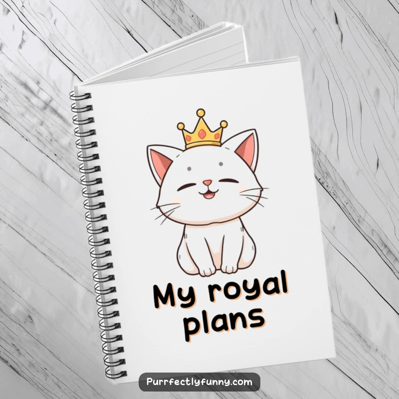 Funny notebook with a proud cat wearing a tiny crown, looking amused and ready to write.