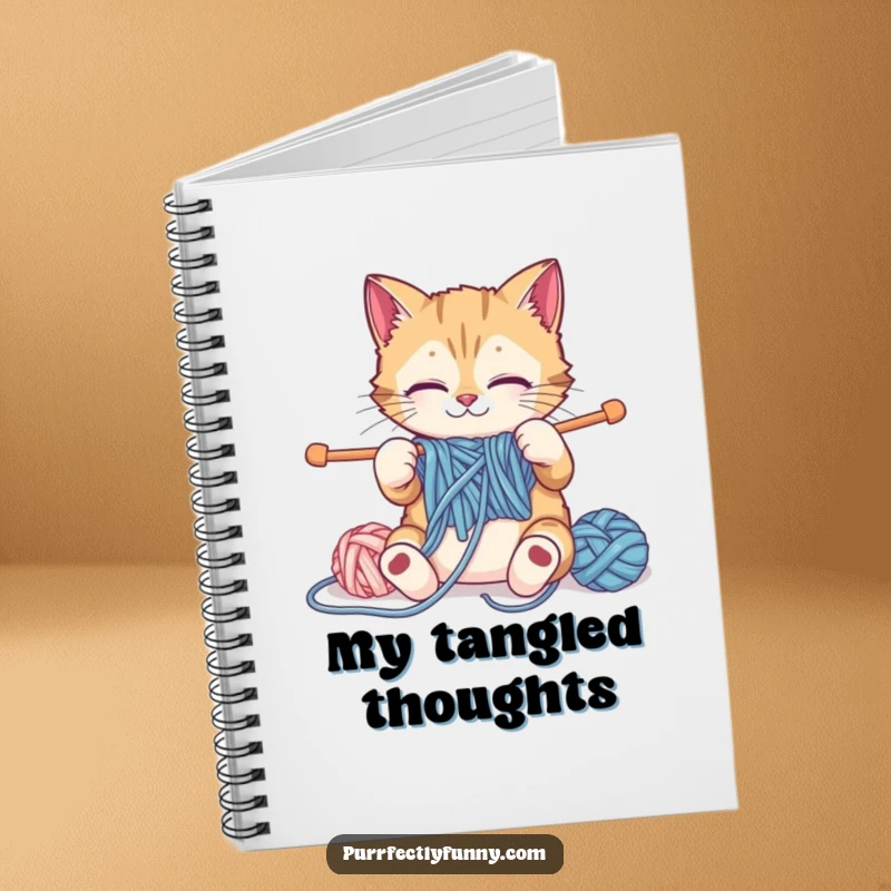 Funny cat notebook showing a cat attempting to knit with large supplies, ideal for journaling and notes.