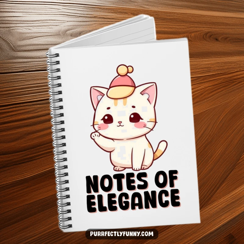 Funny cat tipping its hat with a paw, on the cover of a notebook, for stylish note-taking.