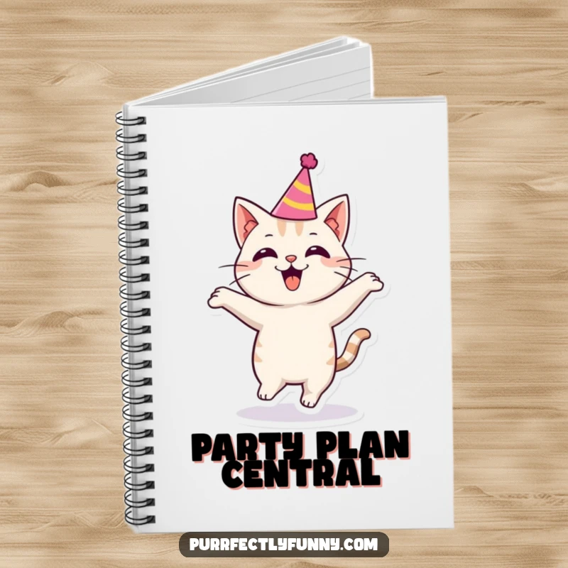 Funny cat wearing a party hat, bouncing with excitement, inspiring joyful note-taking with this notebook.