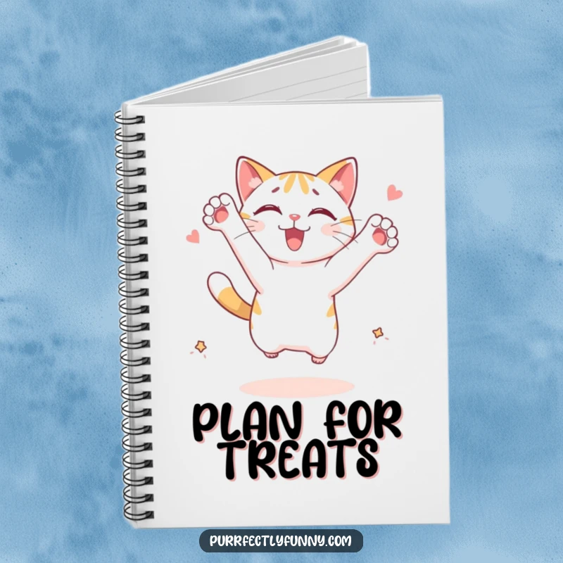 Funny cat notebook: a cat character leaping with outstretched paws, reaching for an imagined treat, ready for notes.